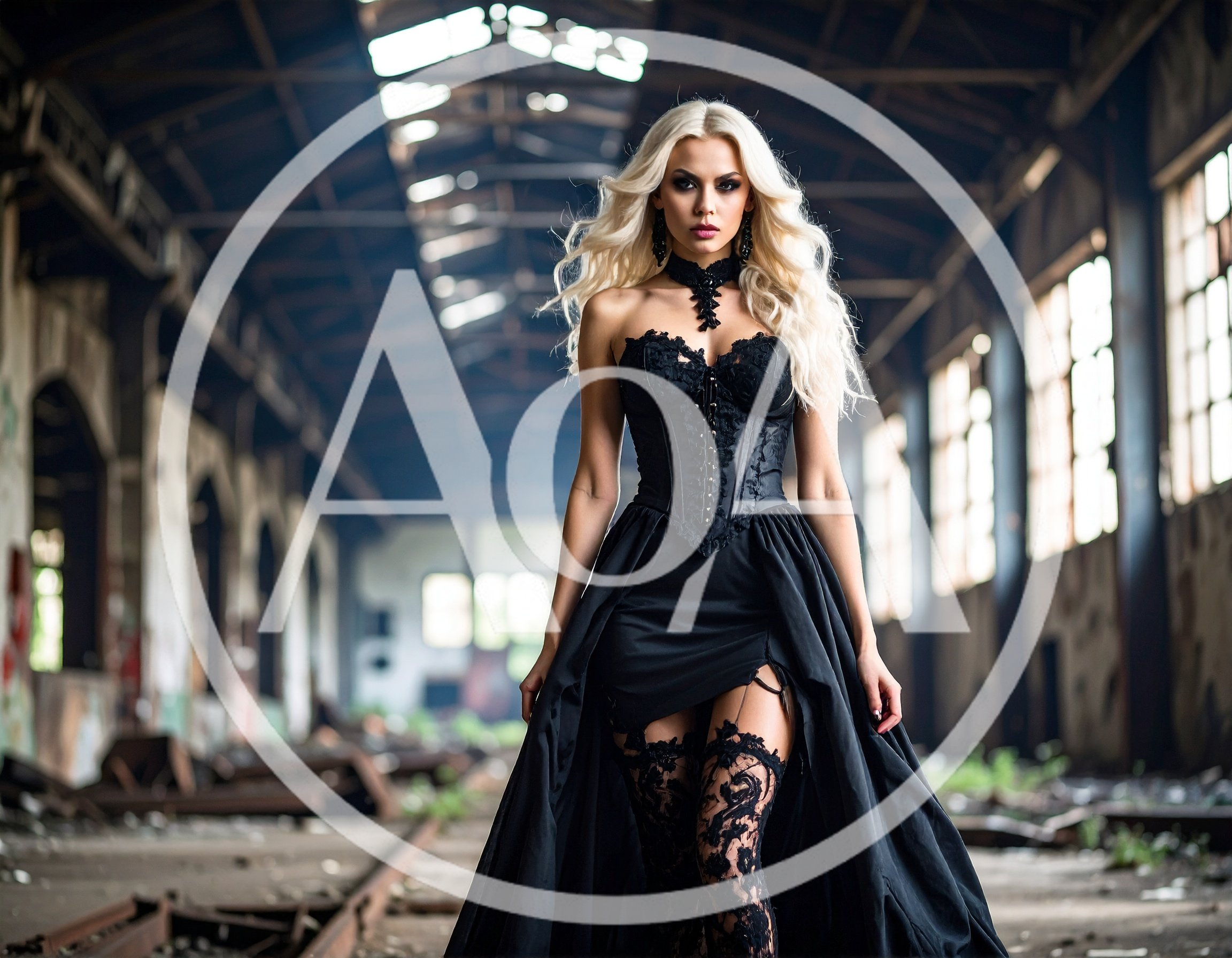 Blonde Woman In Gothic Corset Dress In Abandoned Warehouse