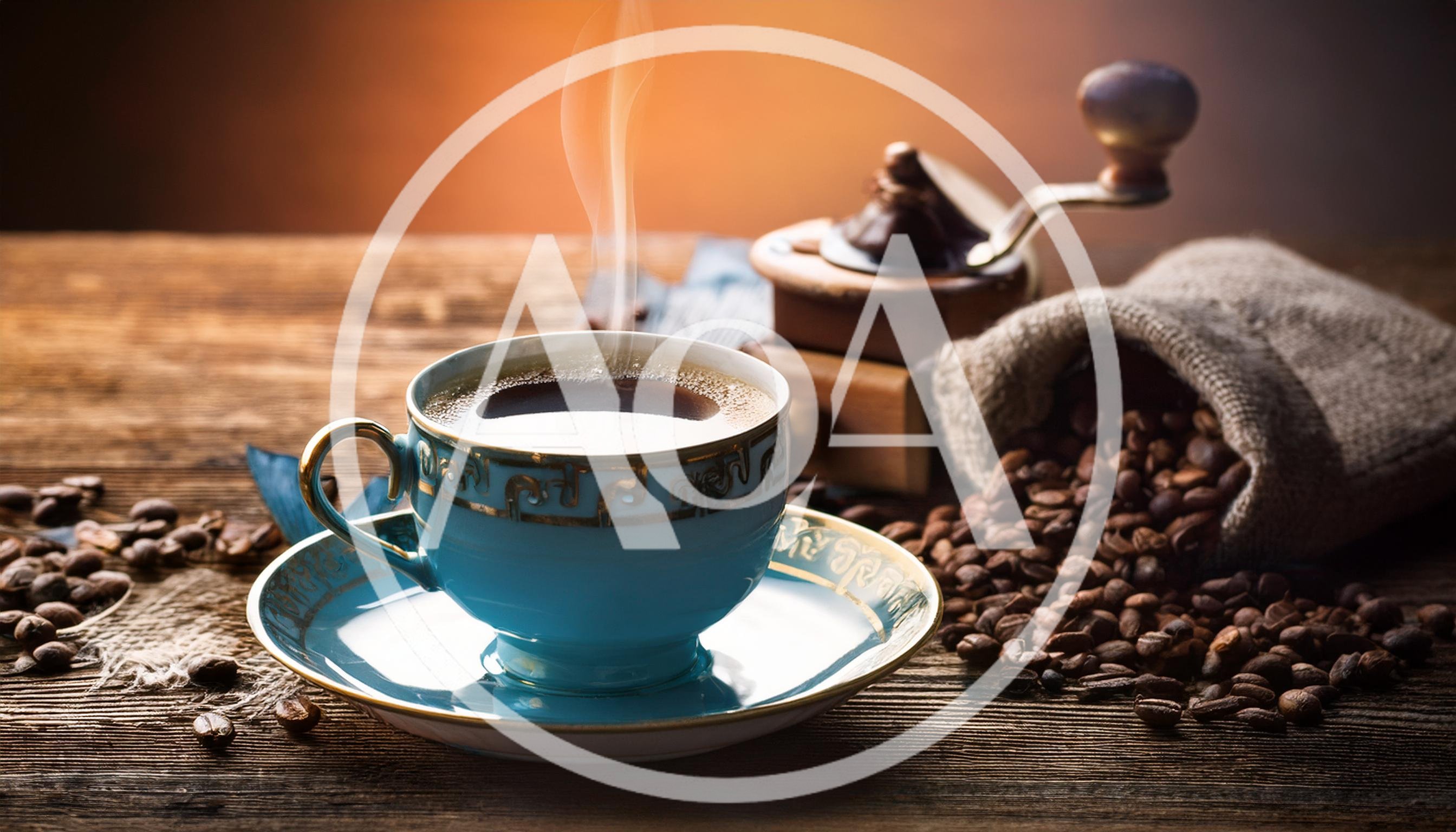 Steaming Cup Of Coffee With Beans And Grinder