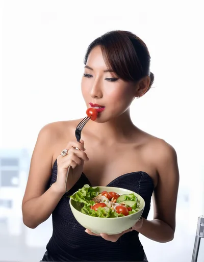 Elegant Woman Eating Fresh Salad With A Fork