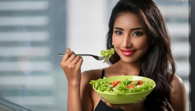 Young Woman Eating Fresh Salad In Modern Office