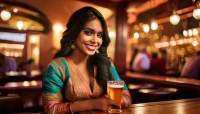 Beautiful Indian Woman Holding Beer Glass In Bar