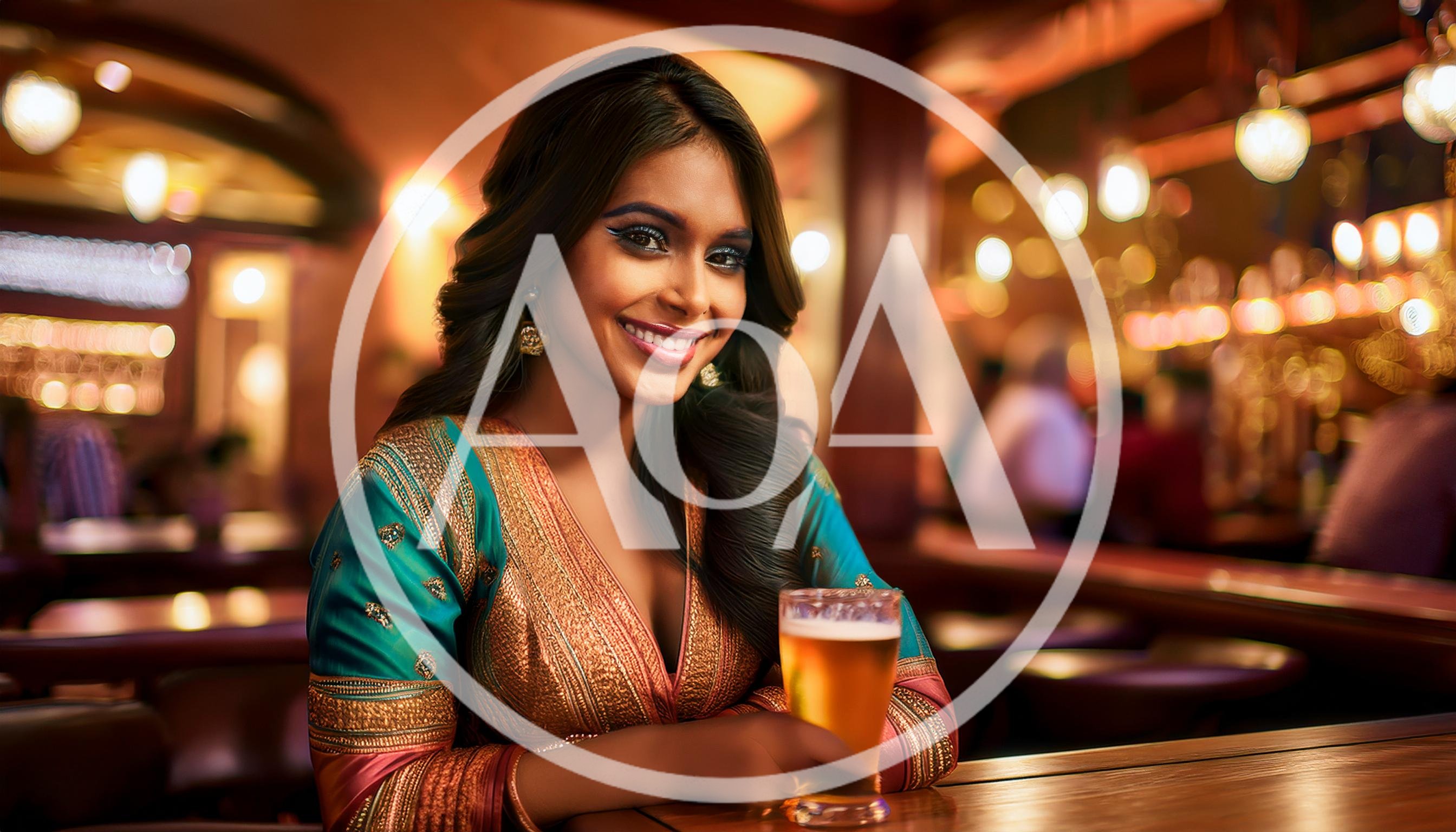 Beautiful Indian Woman Holding Beer Glass In Bar