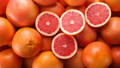 Fresh Ruby Red Grapefruit Halves And Whole Fruits