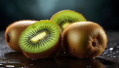 Fresh Kiwi Fruit Halves on Wet Dark Surface