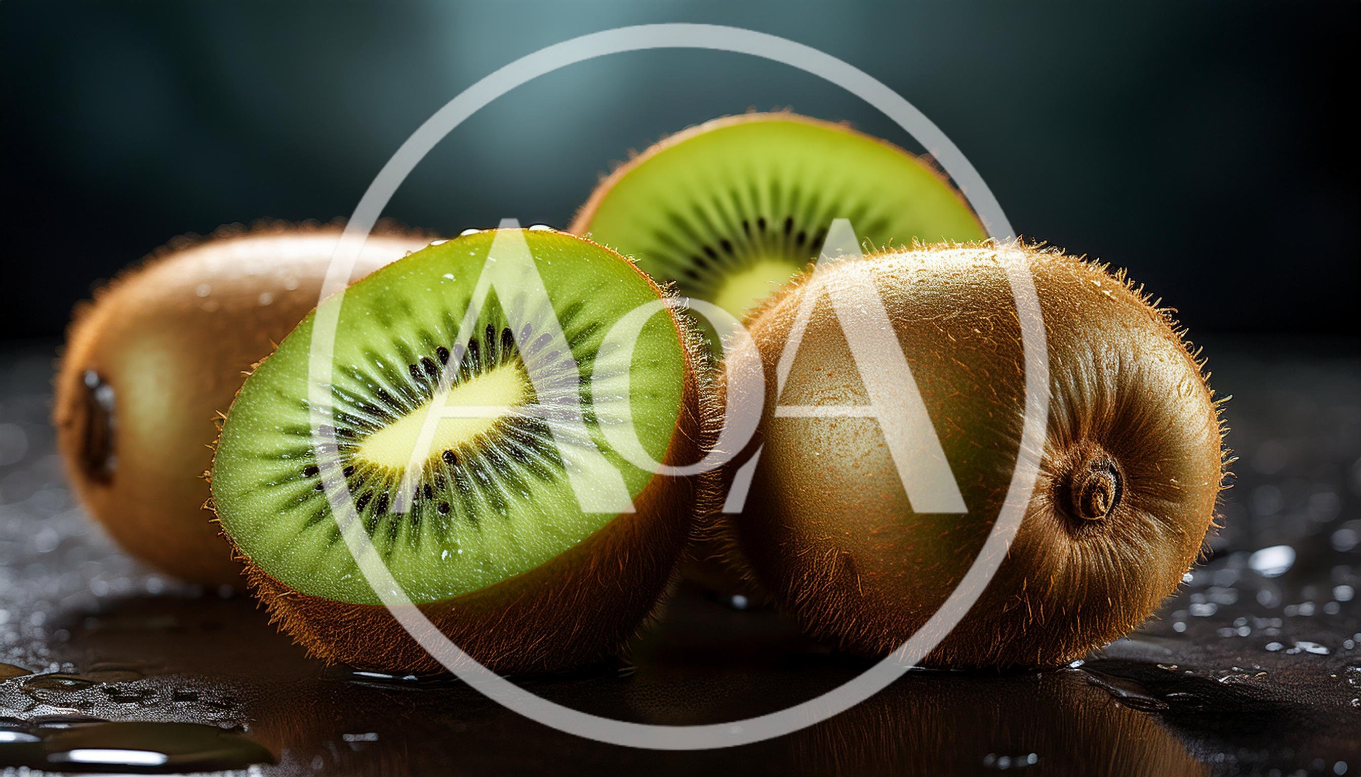 Fresh Kiwi Fruit Halves on Wet Dark Surface