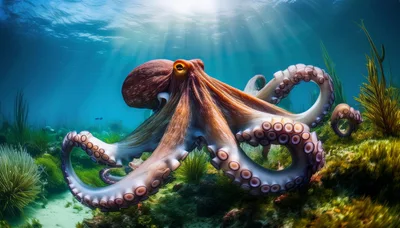 Giant Octopus Swimming Through Vibrant Underwater Coral Reef