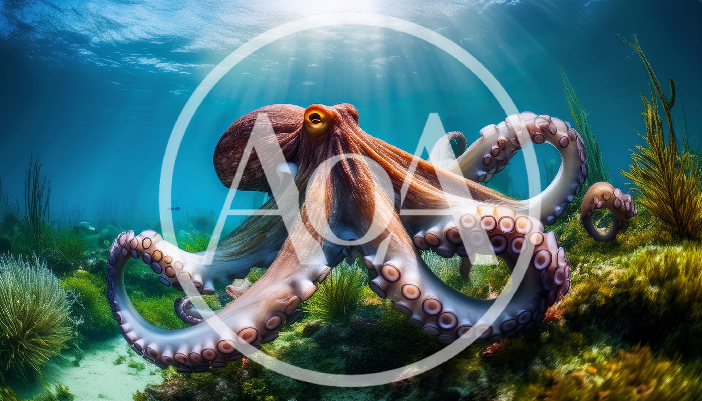 Giant Octopus Swimming Through Vibrant Underwater Coral Reef