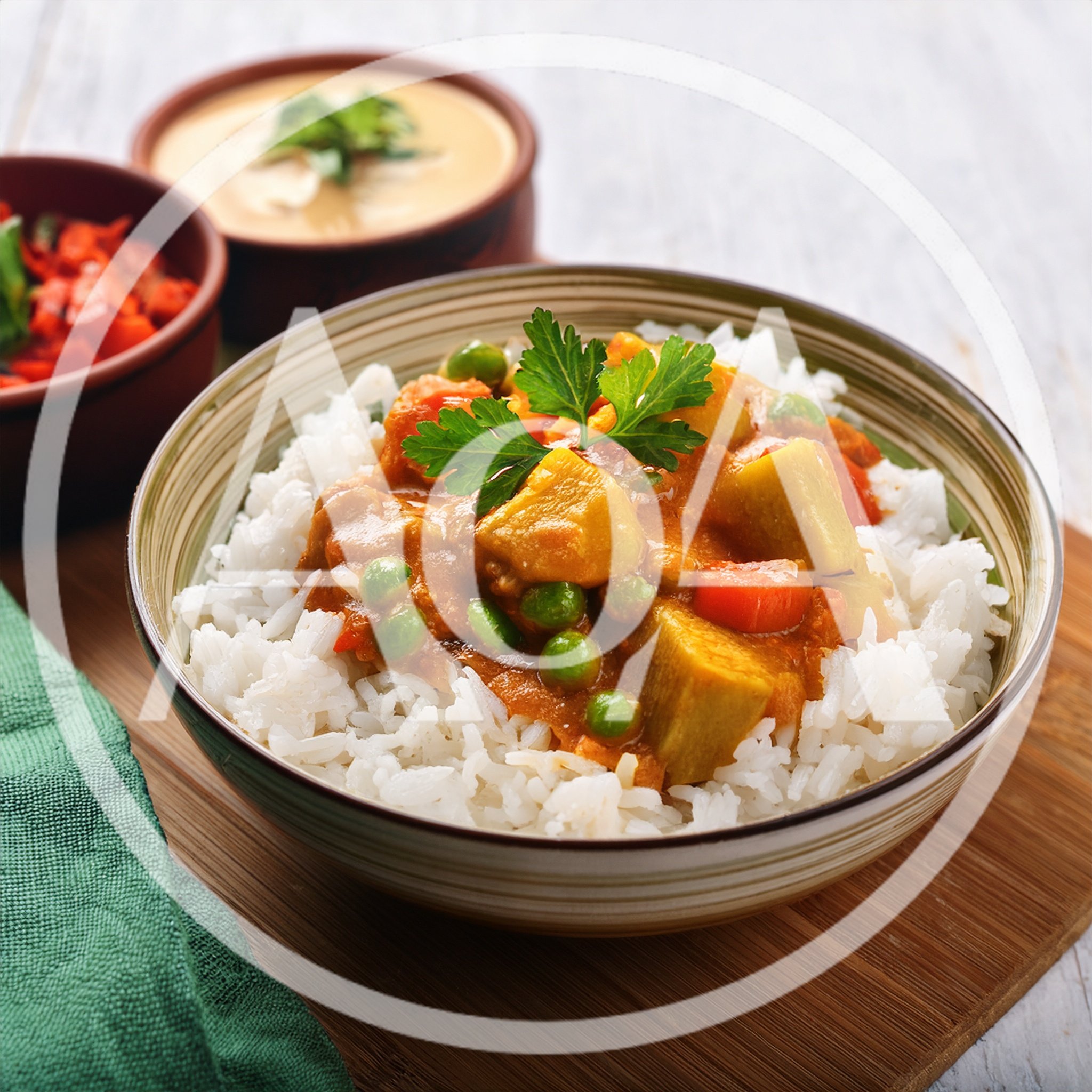 Bowl Of Vegetable Curry With Steamed White Rice