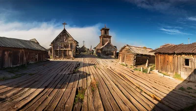 Old Wooden Village With Church And Boardwalk