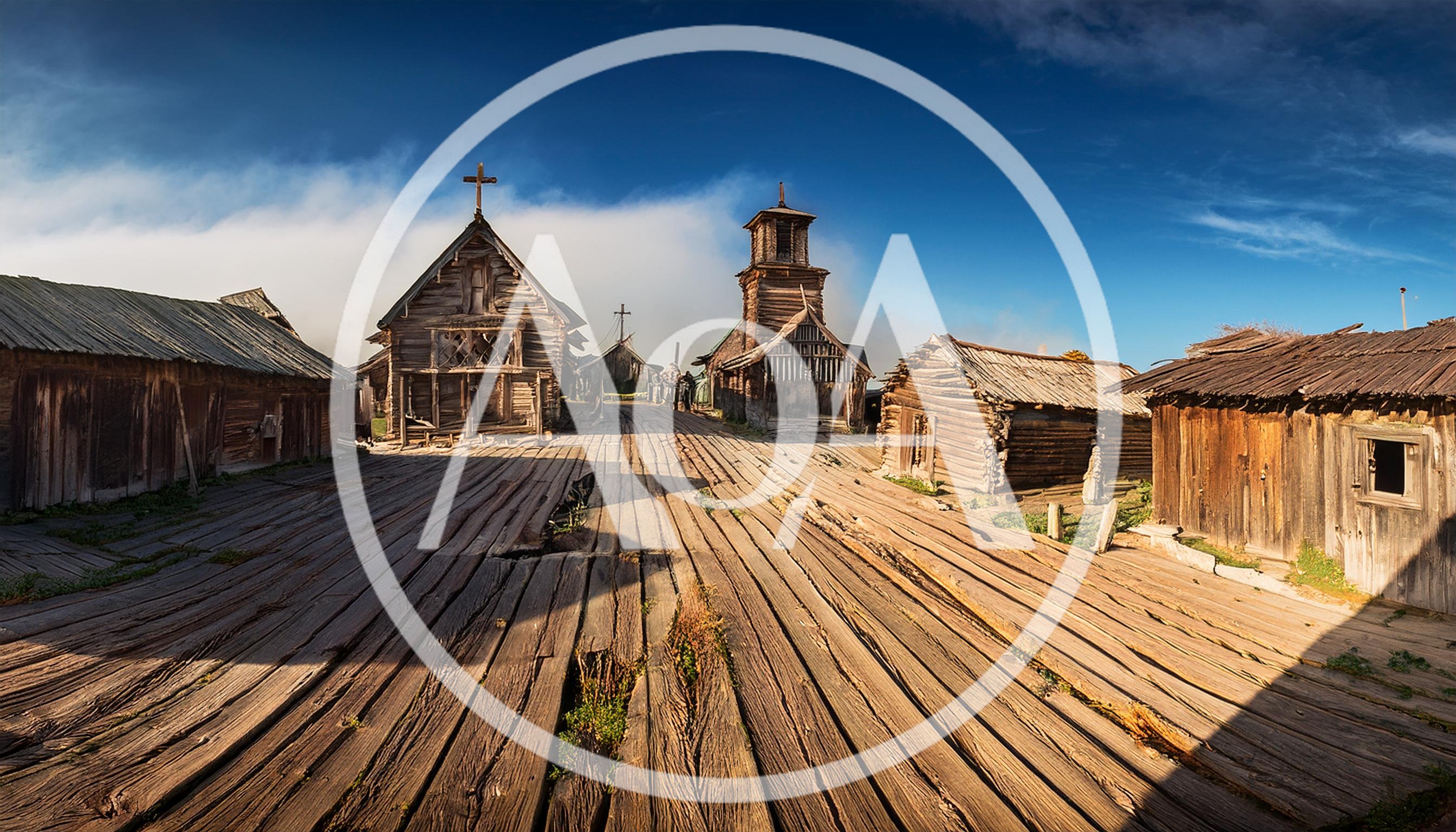 Old Wooden Village With Church And Boardwalk