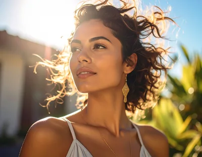 Portrait Of A Radiant Woman With Sunlit Curly Hair