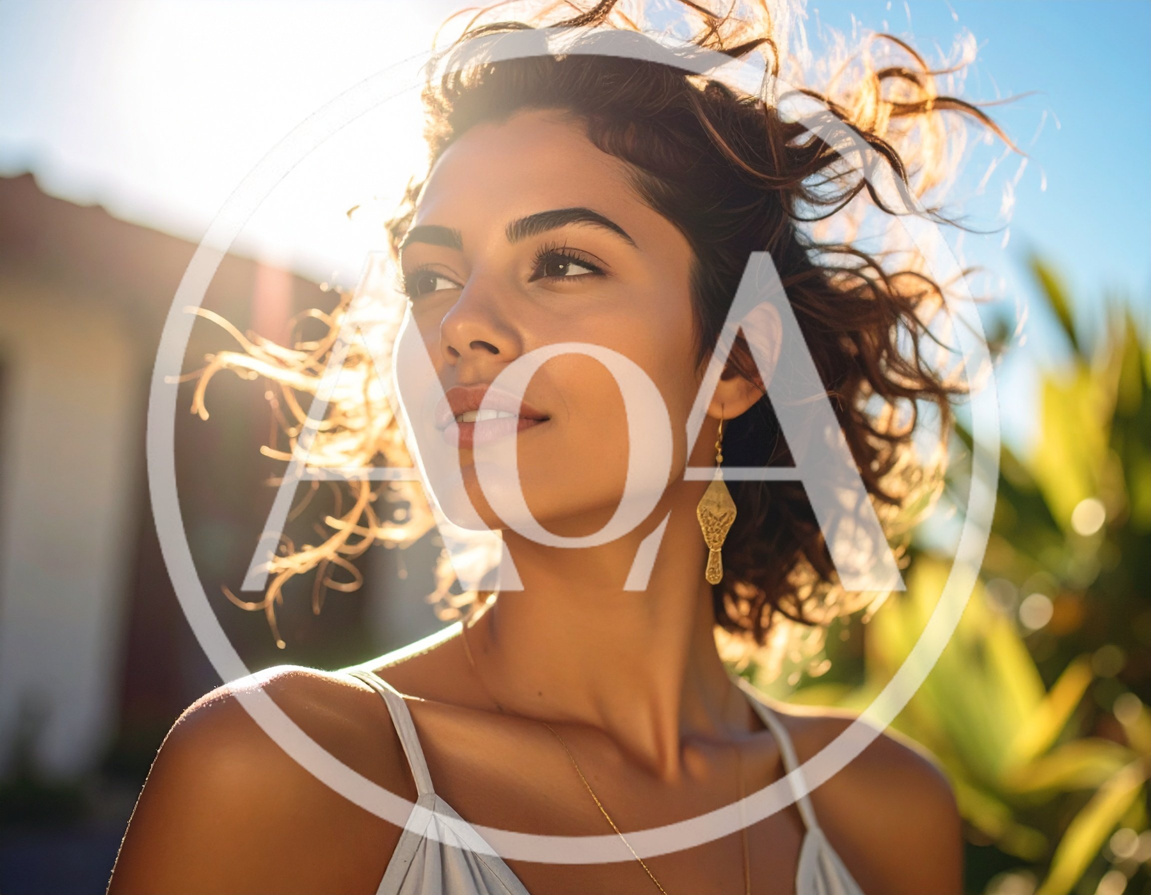 Portrait Of A Radiant Woman With Sunlit Curly Hair