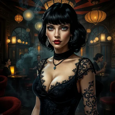 Elegant Woman In Vintage Black Lace Dress At Nightclub