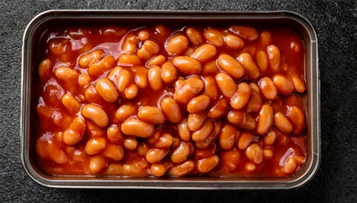 Top View Of Baked Beans In Tomato Sauce