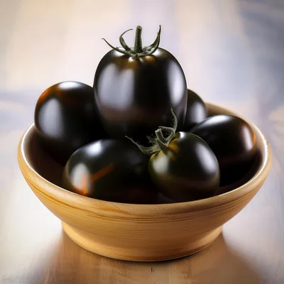 Fresh Dark Purple Tomatoes In A Wooden Bowl