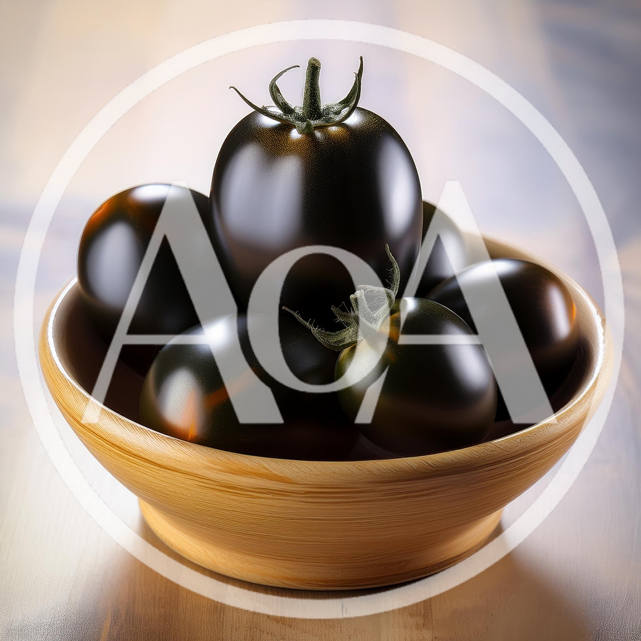 Fresh Dark Purple Tomatoes In A Wooden Bowl