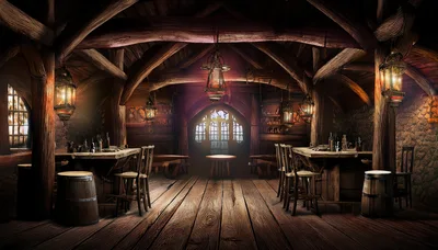 Empty Medieval Tavern Interior With Wooden Furniture
