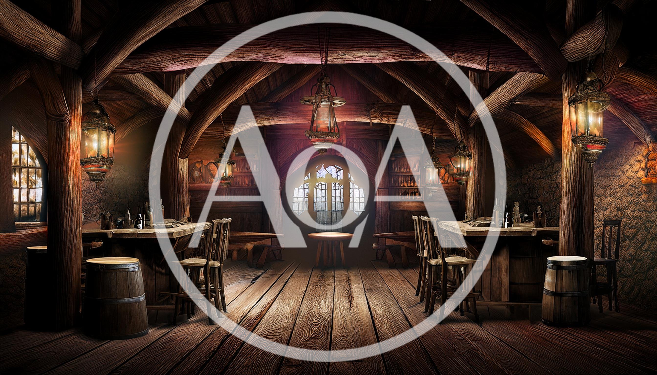 Empty Medieval Tavern Interior With Wooden Furniture
