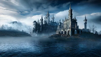 Gothic Castle Ruins Overlooking A Misty Dark Lake