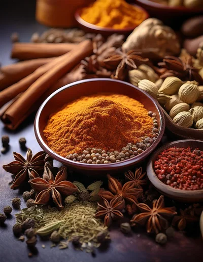 Assorted Spices and Herbs in Bowls