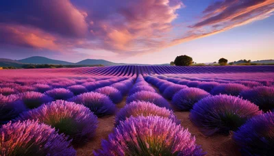 Vibrant Lavender Field Under A Dramatic Sunset Sky