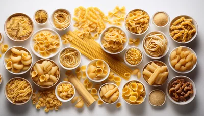Assorted Varieties of Raw Pasta in Bowls