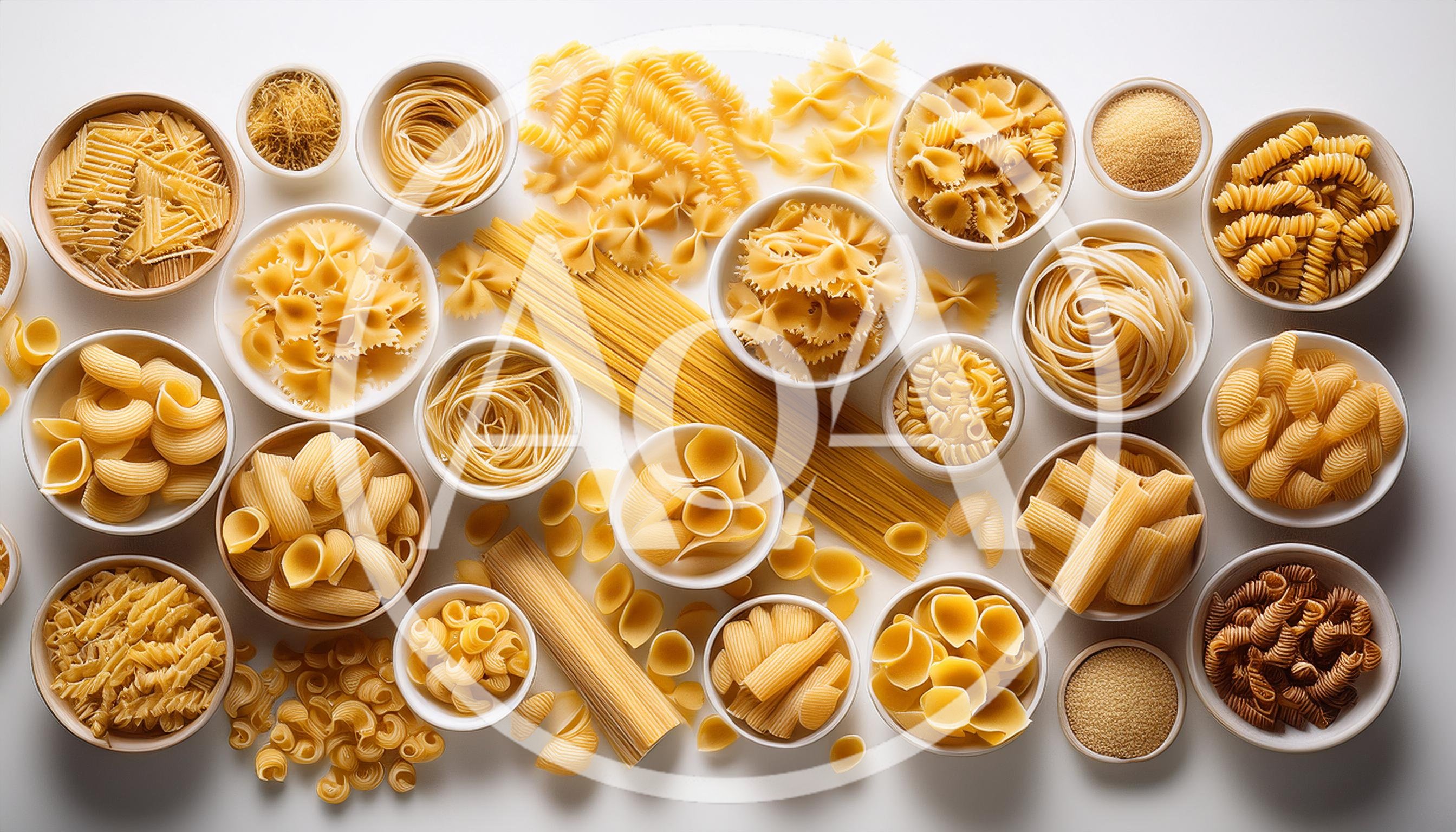 Assorted Varieties of Raw Pasta in Bowls