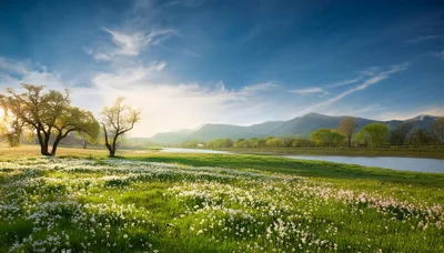 Spring Meadow With Wildflowers And River Near Mountains