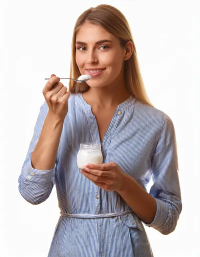 Young Woman Eating Yogurt From A Glass Jar