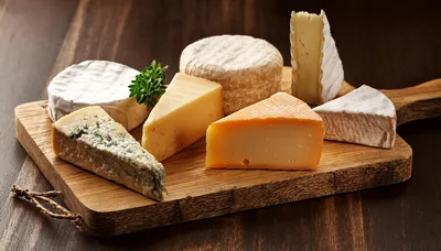 Assorted Gourmet Cheeses Arranged On A Wooden Board