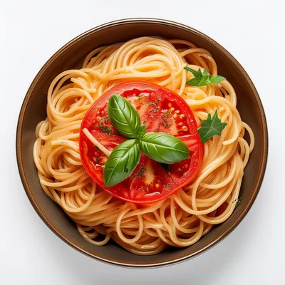 Spaghetti Pasta Bowl With Tomato Slice And Basil