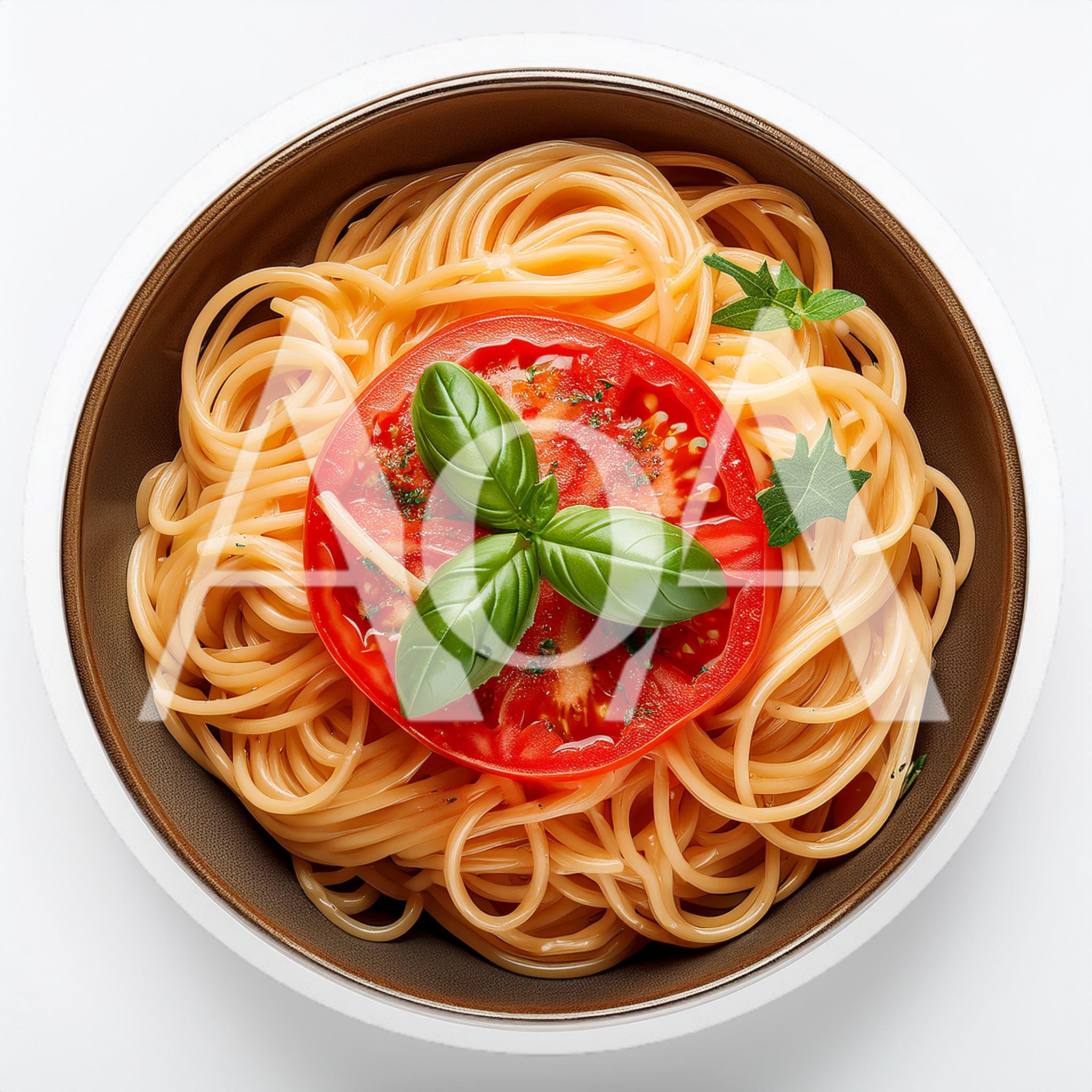 Spaghetti Pasta Bowl With Tomato Slice And Basil