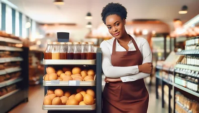 Friendly Female Baker Standing Beside A Display Of Bread