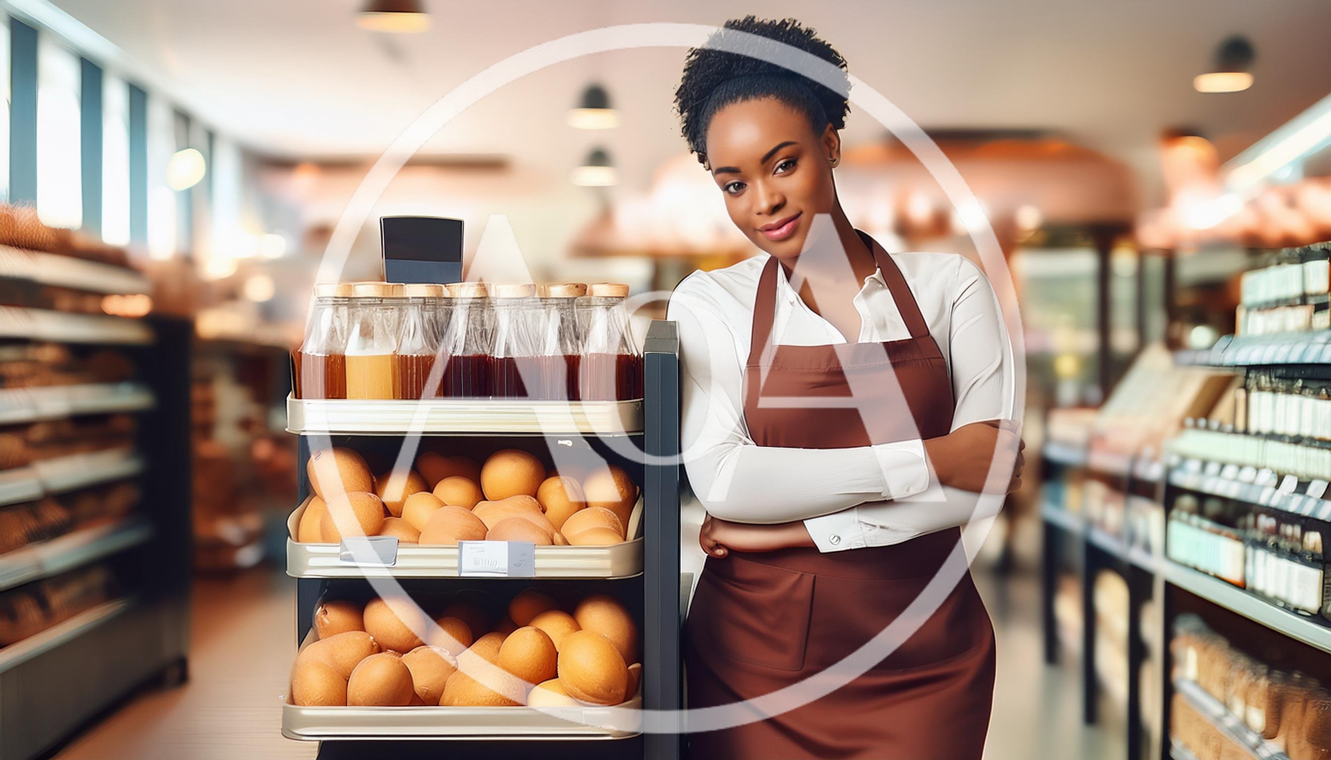 Friendly Female Baker Standing Beside A Display Of Bread