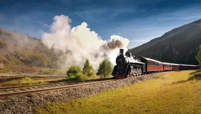 Vintage Steam Locomotive Traveling Through Mountain Landscape
