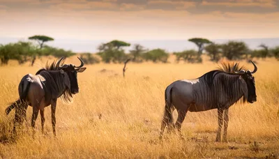 Two Blue Wildebeest Standing In The African Savanna