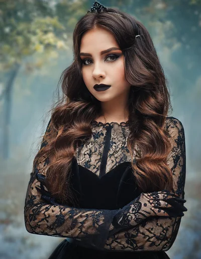 Gothic Woman With Dark Makeup In Misty Forest