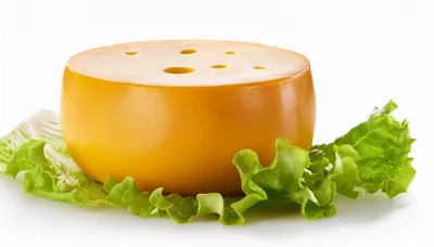 Round Wheel Of Yellow Cheese On Fresh Lettuce Leaves