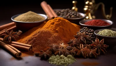 Assorted Spices and Herbs on Dark Background
