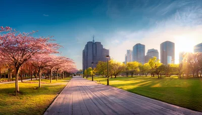Cherry Blossom Trees Along A City Park Pathway