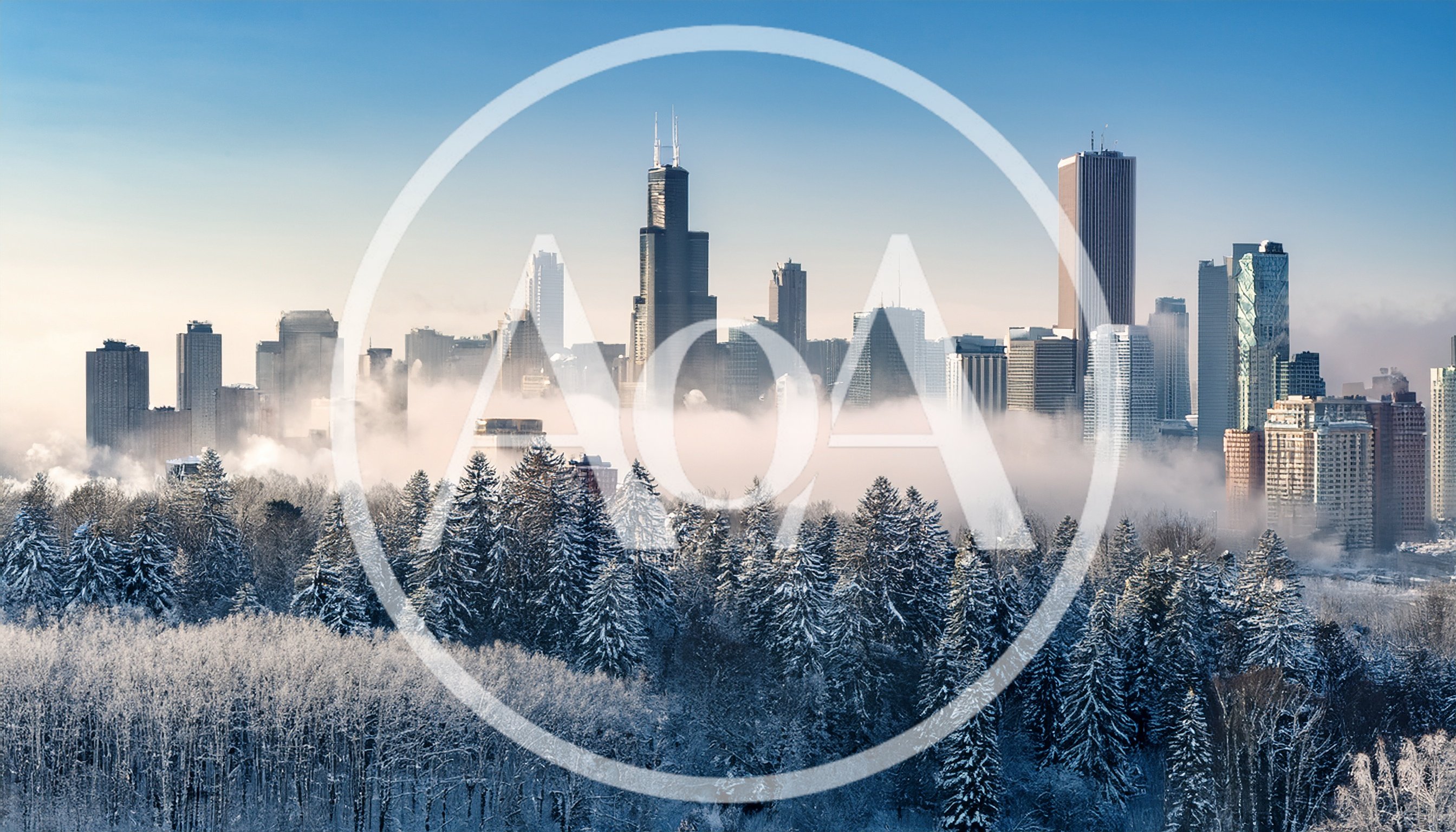 Chicago Skyline Emerging From Winter Fog Over Snowy Forest