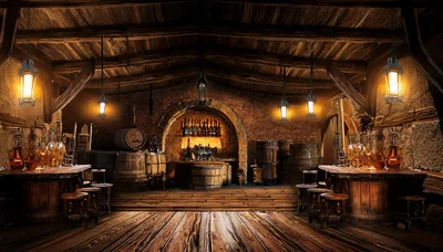 Rustic Medieval Tavern Interior With Wooden Bar And Barrels