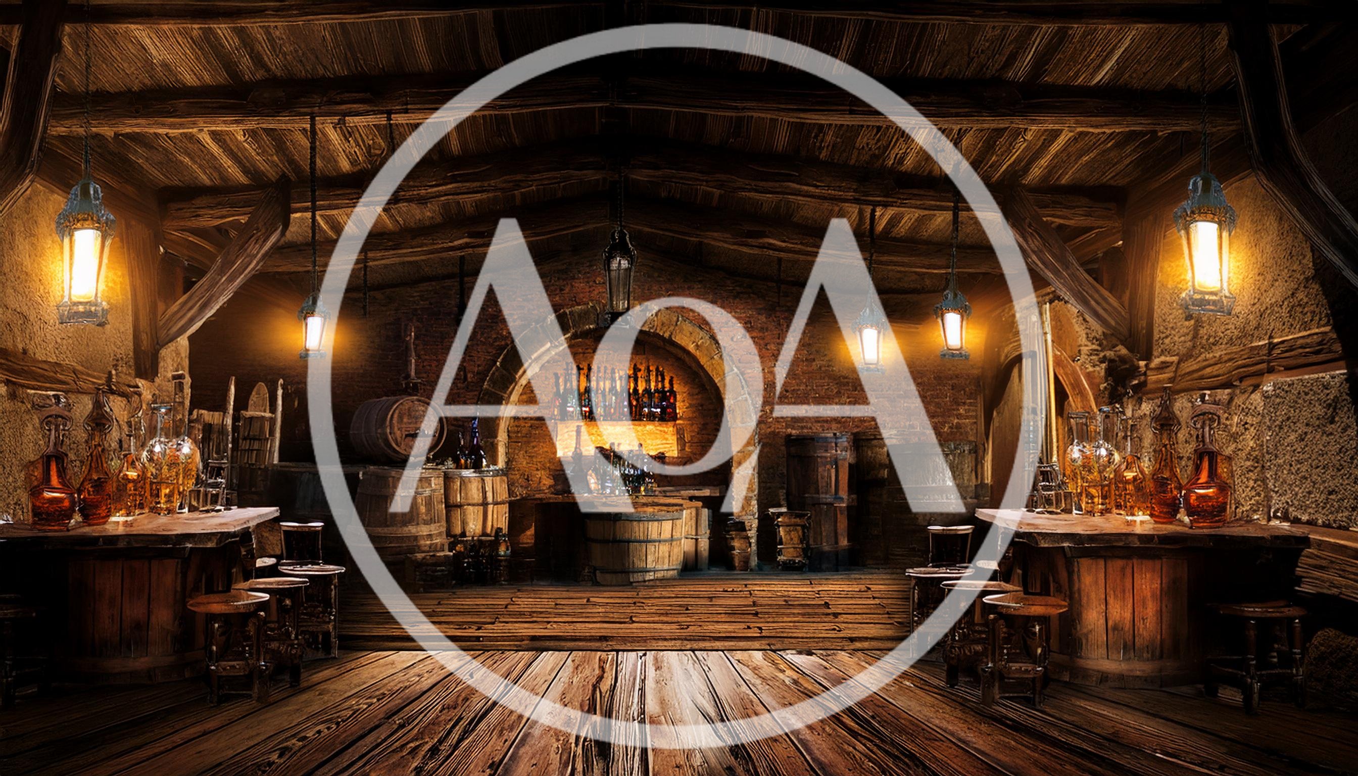 Rustic Medieval Tavern Interior With Wooden Bar And Barrels