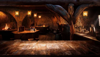 Empty Rustic Tavern Interior With Wooden Bar Counter
