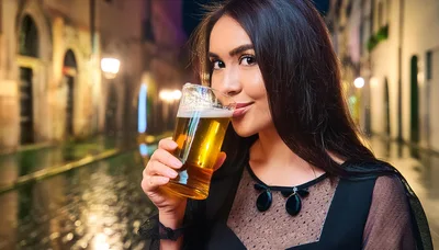 Young Woman Drinking Beer In A European City Street