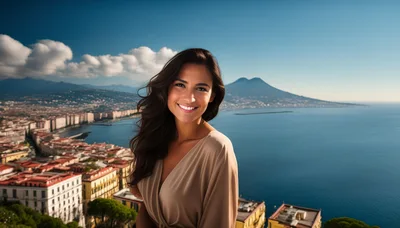Smiling Woman Overlooking Naples Bay And Mount Vesuvius