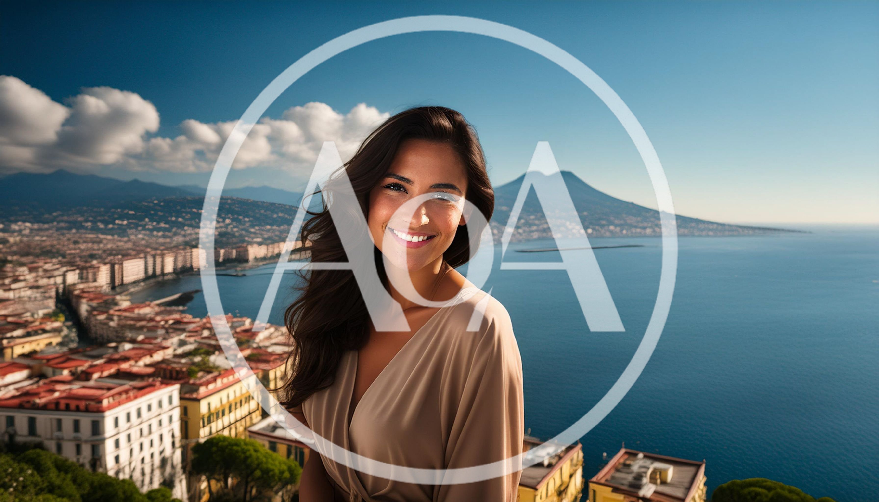 Smiling Woman Overlooking Naples Bay And Mount Vesuvius