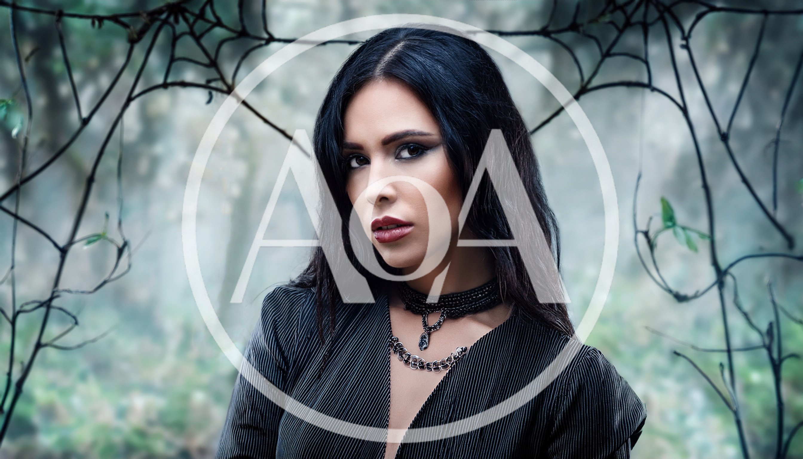 Gothic Woman With Dark Makeup In Misty Forest