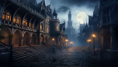 Gothic Architecture Street Scene Under Full Moon