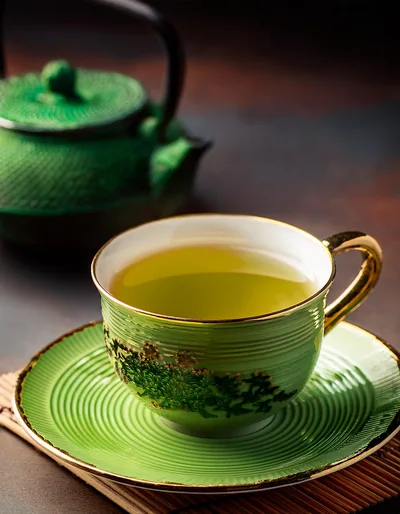 Green Tea Cup And Teapot On A Bamboo Mat